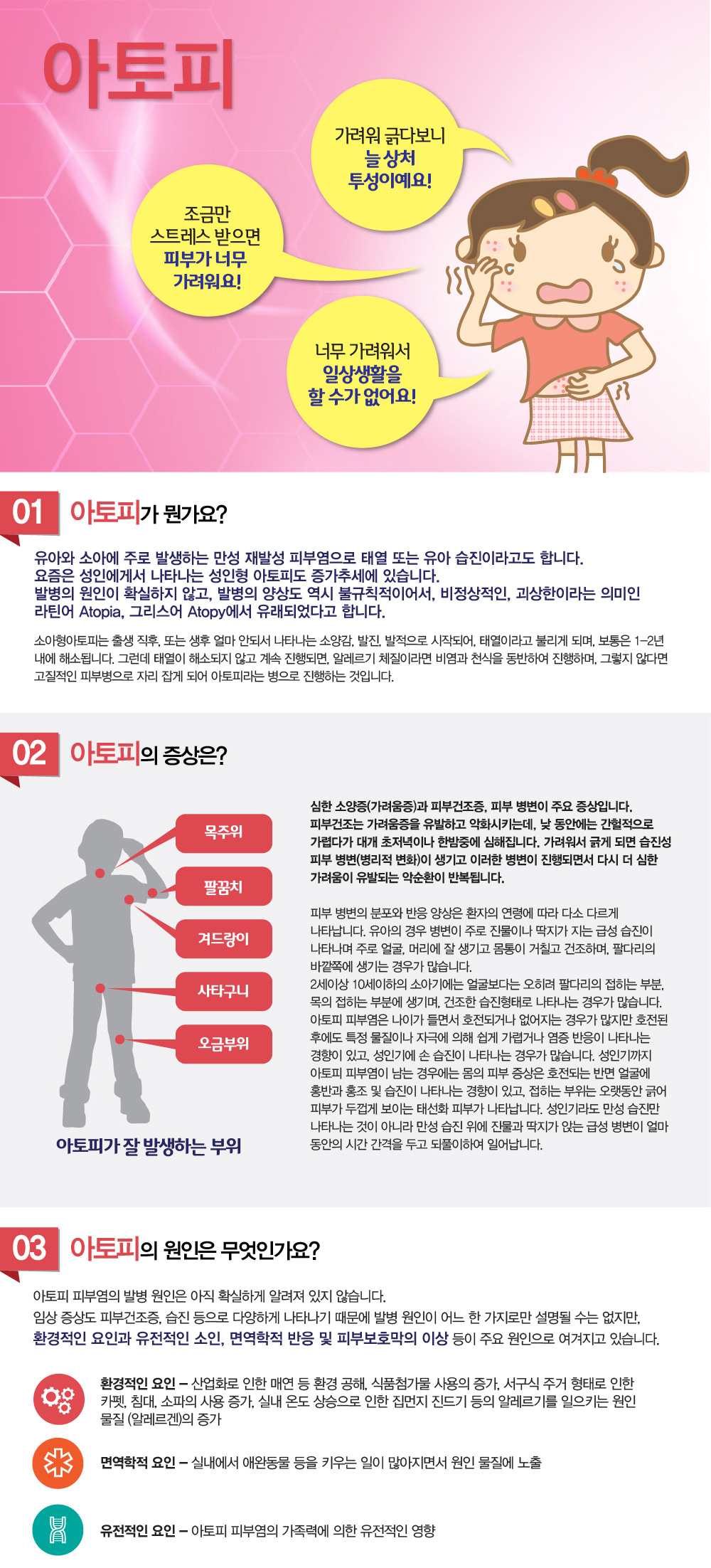 아토피 -  아토피피부염은 유전이 되나요? 아토피 원인은 무엇인가요? 아토피 증상은 나이가 들면 없어지나요? 어떤 음식이 아토피를 악화시키나요? 아토피 치료에 스테로이드 사용은 안전한가요? 아토피가 있는 아이는 수영을 해도 괜찮나요? 아토피 완치가 가능한가요?
아토피피부염 치료하려는데 아토피 치료 잘하는 병원, 추천이나 아토피 한의원 소개해주세요.
굉장히 많이 듣는 질문인데요. 아토피 증상에 대해 알아보겠습니다.