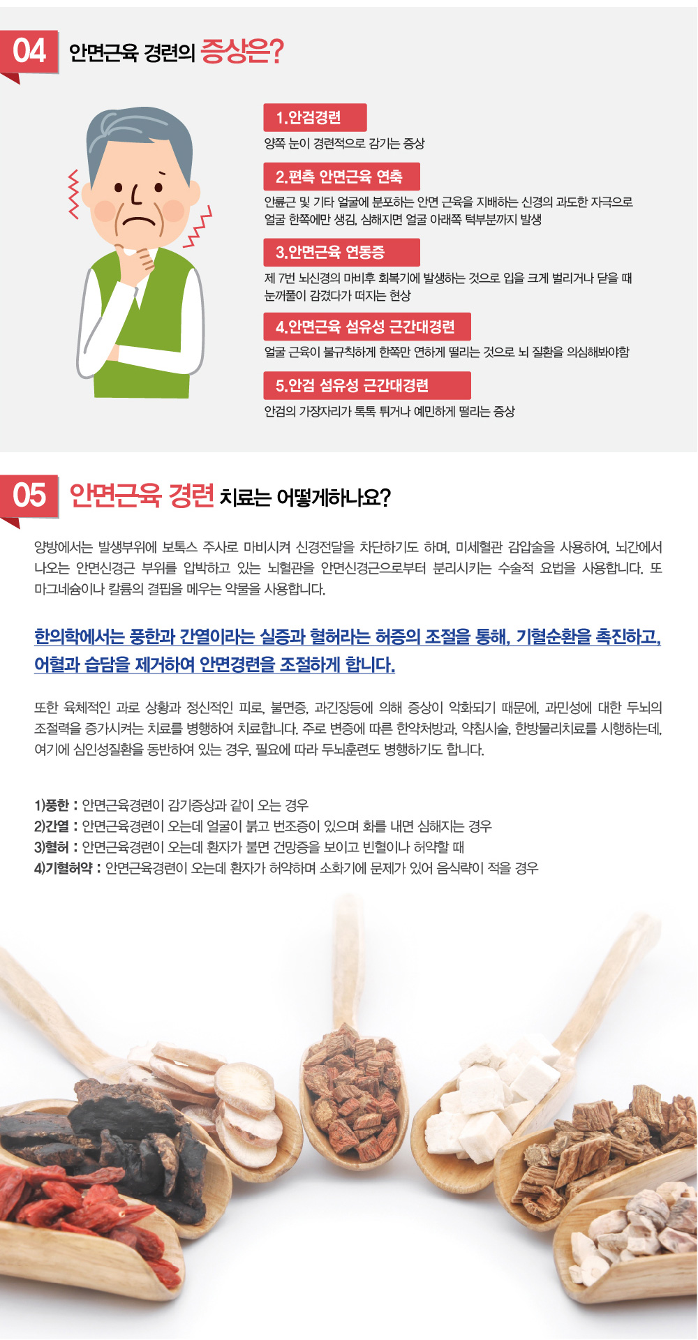 안면근육경련  - 안면근육경련 초기증상은 무엇인가요? 안면경련이 발생할 때 어떤 증상이 나타날까요? 안면근육경련을 예방하기 위한 생활 습관은 무엇인가요? 안면근육경련 진단하는 방법은 무엇인가요? 안면근육경련 치료법에는 어떤 것들이 있나요? 안면근육경련과 스트레스의 관계는 무엇인가요? 안면근육경련 완치될까요? 안면근육경련을 예방하는 방법은 무엇인가요? 어떤 증상이 보이면 안면근육경련 증상을 의심해야하나요? 안면근육경련 치료방법에는 어떤 것이 있는지, 안면근육경련 완치가 가능한지 궁금해요. 치료하려는데 안면근육경련 치료 잘하는 병원이나 한의원, 추천과 소개해주세요.
굉장히 많이 듣는 질문인데요. 안면근육경련 증상에 대해 알아보겠습니다.

눈밑이 파르르 떨려요.
얼굴이 자주 떨리고 움찔거려요.
이러다 중풍이 오는건 아니겠죠?

안면경련을 방치한다면, 대인관계형성에 문제가 됩니다.

1. 안면근육경련이 무엇인가요?
말초신경 이상으로 인한 자신의 의지와는 상관없는 안면근육/신경 과운동 증상이 나타나는 안면 운동기능 장애로, 한번에 최대 5분까지 지속될수 있습니다.
과운동증상에는 1차성 안검경련증, 2차성 안검경련증, 편측 안면근육연축, 안면근육마비의 회복기에 생기는 안면근육 연동증, 섬유성 근간대경련등이 있습니다. 50대에 가장 많이 발생하며 남성보다 여성에게 많습니다.

안면근육경련의 특징
대부분 한쪽얼굴에만 나타나는데, 여성에서 많이 나타나고 어린이에게서는 드뭅니다.
경련은 대부분 눈주위에서 시작해서, 같은쪽 얼굴로 퍼집니다.
경련이 발생하지만, 얼굴에 통증이나 이상감각을 만들지는 않습니다.
긴장하거나, 불안장애나 사회공포증등 정신과 질환을 가지고 있으면 더 자주 발생합니다.


2. 안면근육경련 치료를 꼭 해야하나요?
안면근육경련이 나타날 때는 처음에는 약하게 한번씩 나타나고, 그 시간도 길지 않지만, 방치시에는 나타나는 주기가 짧아지고, 반복적으로 나타나며, 한번 나타나면, 그 강도가 심해서 정상적인 사회생활을 하기가 힘들어지기 때문에, 조기치료가 필요합니다.


3. 안면근육경련은 왜 생기나요? 안면근육경련 원인이 무엇때문인가요?
1)정신적긴장: 과도한 스트레스와 피로, 수면장애 등으로 긴장상황이 지속되어 발생
2)안면신경과민: 마그네슘, 칼륨 부족, 과도한 카페인 섭취, 영양의 불균형에 의한 안면신경이 과민해져서 발생
3)신경압박: 뇌간에서 나오는 안면신경이 주변의 혈관과 접촉해서 압박을 받아 발생.
4)2차성: 뇌혈관이나 뇌두개강내의 질환. 파킨슨병 등에 의해서 발생 
5)과한 음주: 잦은 음주와 과음후에 안검에서 경련이 발생
 

4. 안면근육경련 주요 증상 무엇인가요? 
1)안검경련(Blepharospasm) : 양쪽 눈이 경련적으로 감기는 증상
2)편측 안면근육 연축(Hemifacial spasm)  : 안륜근 및 기타 얼굴에 분포하는 안면 근육을 지배하는 신경의 과도한 자극으로 얼굴 한쪽에만 생김, 심해지면 얼굴 아래쪽. 턱부분까지 발생
3)안면근육 연동증(Facial Synkinesis) :  제 7번 뇌신경의 마비후 회복기에 발생하는 것으로 입을 크게 벌리거나 닫을 때 눈꺼풀이 감겼다가 떠지는 현상.
4)안면근육 섬유성 근간대경련 (Facial Myokimia) :얼굴 근육이 불규칙하게 한쪽만 연하게 떨리는 것으로 뇌 질환을 의심해봐야함.
5)안검 섬유성 근간대경련 (Eyelid Myokimia)  : 안검의 가장자리가 톡톡 튀거나 예민하게 떨리는 증상

안면근육경련 테스트는 어떻게 하나요?
안면근육경련 진단 및 테스트 검사
검사안내
-한방 안면근육경련 검사 테스트
-뇌기능검사
-인지능력 테스트
-종합주의력검사
-심리검사
-학습습관 테스트
-좌우뇌활용검사
-자율신경검사


5. 안면근육경련 치료는 어떻게 하나요?
양방에서는 발생부위에 보톡스 주사로 마비시켜 신경전달을 차단하기도 하며, 미세혈관 감압술을 사용하여, 뇌간에서 나오는 안면신경근 부위를 압박하고 있는 뇌혈관을 안면신경근으로부터 분리시키는 수술적 요법을 사용합니다. 또 마그네슘이나 칼륨의 결핍을 메우는 약물을 사용합니다.
한의학에서는 풍한과 간열이라는 실증과 혈허라는 허증의 조절을 통해, 기혈순환을 촉진하고, 어혈과 습담을 제거하여 안면경련을 조절하게 합니다. 또한 육체적인 과로 상황과 정신적인 피로, 불면증, 과긴장등에 의해 증상이 악화되기 때문에, 과민성에 대한 두뇌의 조절력을 증가시켜는 치료를 병행하여 치료합니다. 주로 변증에 따른 한약처방과, 약침시술, 한방물리치료를 시행하는데, 여기에 심인성질환을 동반하여 있는 경우, 필요에 따라 두뇌훈련도 병행하기도 합니다.
1)풍한: 안면근육경련이 감기증상과 같이 오는 경우
2)간열: 안면근육경련이 오는데 얼굴이 붉고 번조증이 있으며 화를 내면 심해지는 경우
3)혈허: 안면근육경련이 오는데 환자가 불면 건망증을 보이고 빈혈이나 허약할 때
4)기혈허약: 안면근육경련이 오는데 환자가 허약하며 소화기에 문제가 있어 음식략이 적을 경우

안면근육경련 진단 결과에 따라 필요한 안면근육경련 치료법을 선택적으로 시행합니다.
해아림한의원 안면근육경련 치료 : 뇌기능개선한약, 생기능자기조절훈련, 시지각 청지각 시청각 감각 통합훈련, 소뇌기저핵훈련, 좌우뇌균형훈련, 전침 약침 요법, CST 두개천골요법 경추추나, 인지행동요법

몸과 마음의 이상적인 균형... 그리고 예민함에 대한 제어력 강화...
해아림한의원에서 도와드립니다.

해아림한의원 안면근육경련 치료는 이래서 좋습니다.
1.비수술적 요법입니다. 
수술없이 통증의 제어가 되며, 수술후 얼굴감각소실 두통등의 후유증의 걱정에서 벗어날수 있습니다 

2.치료가 간편합니다.
해아림한의원에서는 2주 또는 4주에 한번 내원에서 변화된 몸상황에 맞춰 개임별 맞춤탕제처방과 침시술을 받습니다. 

3. 치료의 효과가 일시적이지 않습니다.
해아림한의원에서는 약을 끊고나서도 안정적인 상황이 유지되는 힘을 키우는 치료를 지향하고 있습니다.

4. 표준화된 치료법을 공유합니다.
해아림한의원 전 지점은 한의학적 변증과 두뇌기능평가에 따라 동일한 처방을 사용하고 있습니다. 또한 처방들의 보다 나은 효과를 위해 논문을 통해 지속적으로 검증하고자하는 노력을 하고 있습니다.
(논문들 사진) 

5. 균형잡힌 인체의 기능을 도와드립니다.
여러원인들이 복합적으로 작용하여, 만들어진 질환의 치료뿐 아니라, 이들 기저에 깔려있는 인체의 불균형을 조절할수 있는 힘을 키우게 됩니다.
 

몸과 마음의 이상적인 균형, 안면근육경련 해아림한의원이 잘 고칩니다.